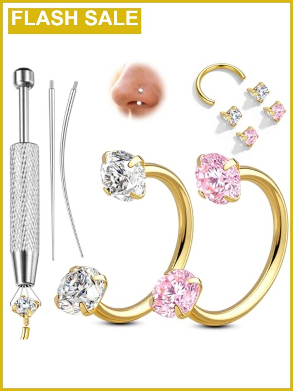 18G Gold Plated Horseshoe Nose Ring Set Cubic Zirconia Screw On
